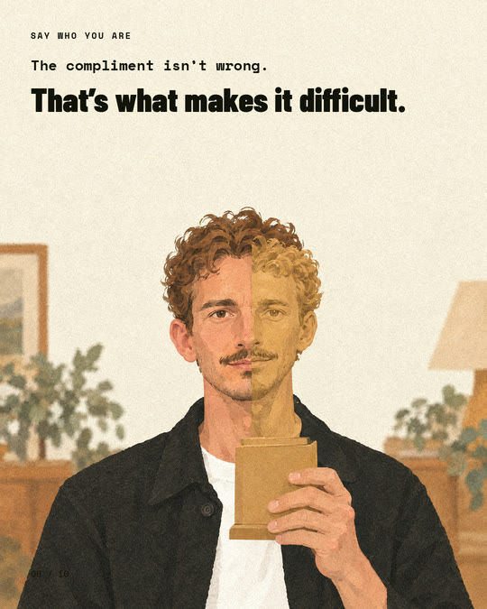 A carousel slide: half of the protagonist's face turns into the bust he holds