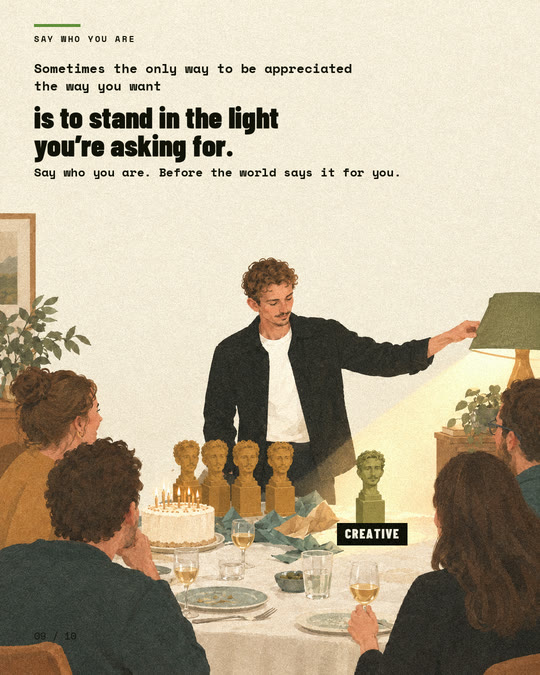 Slide 9: back at the table, he stands in the light